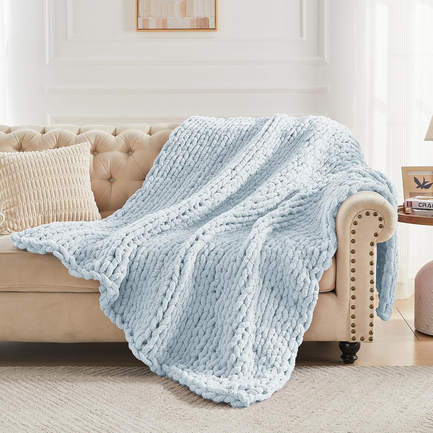 Carriediosa Chunky Knit Throw Blanket 60" X 80" Twin, 100% Hand Made Large Chenille Loop Yarn Soft