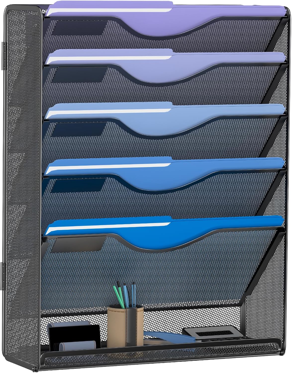 6 Tier Hanging File Organizer, Mesh Wall File Holder Paper Folder Rack with Bottom Flat Tray for
