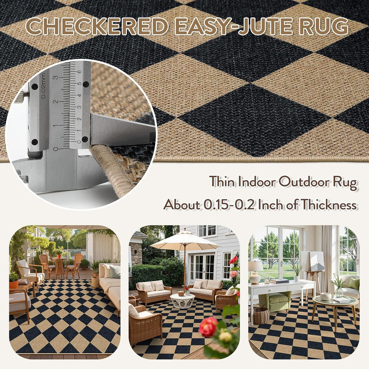 Lahome Checkered Easy Jute Area Rug 8x10, Large Living Room Patio Rug Checkerboard Indoor Outdoor
