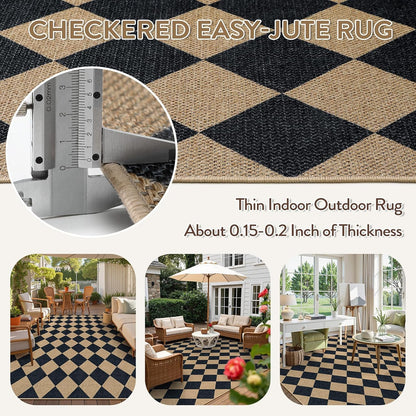 Lahome Checkered Easy Jute Area Rug 8x10, Large Living Room Patio Rug Checkerboard Indoor Outdoor