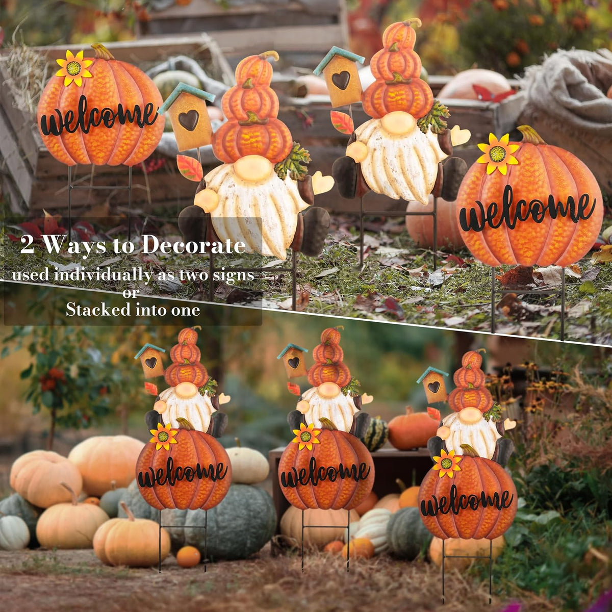 TERESA'S COLLECTIONS Fall Gnome Pumpkin Decorations for Outdoor Home, Metal Fall Decor Welcome