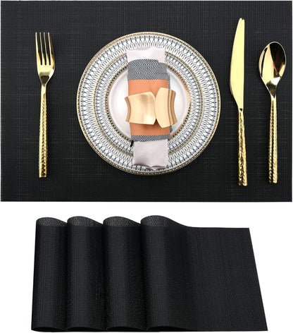 Black Placemats Set of 4 - Easy Clean Washable Vinyl Placemats - Wipeable Heat Proof Table Mats for