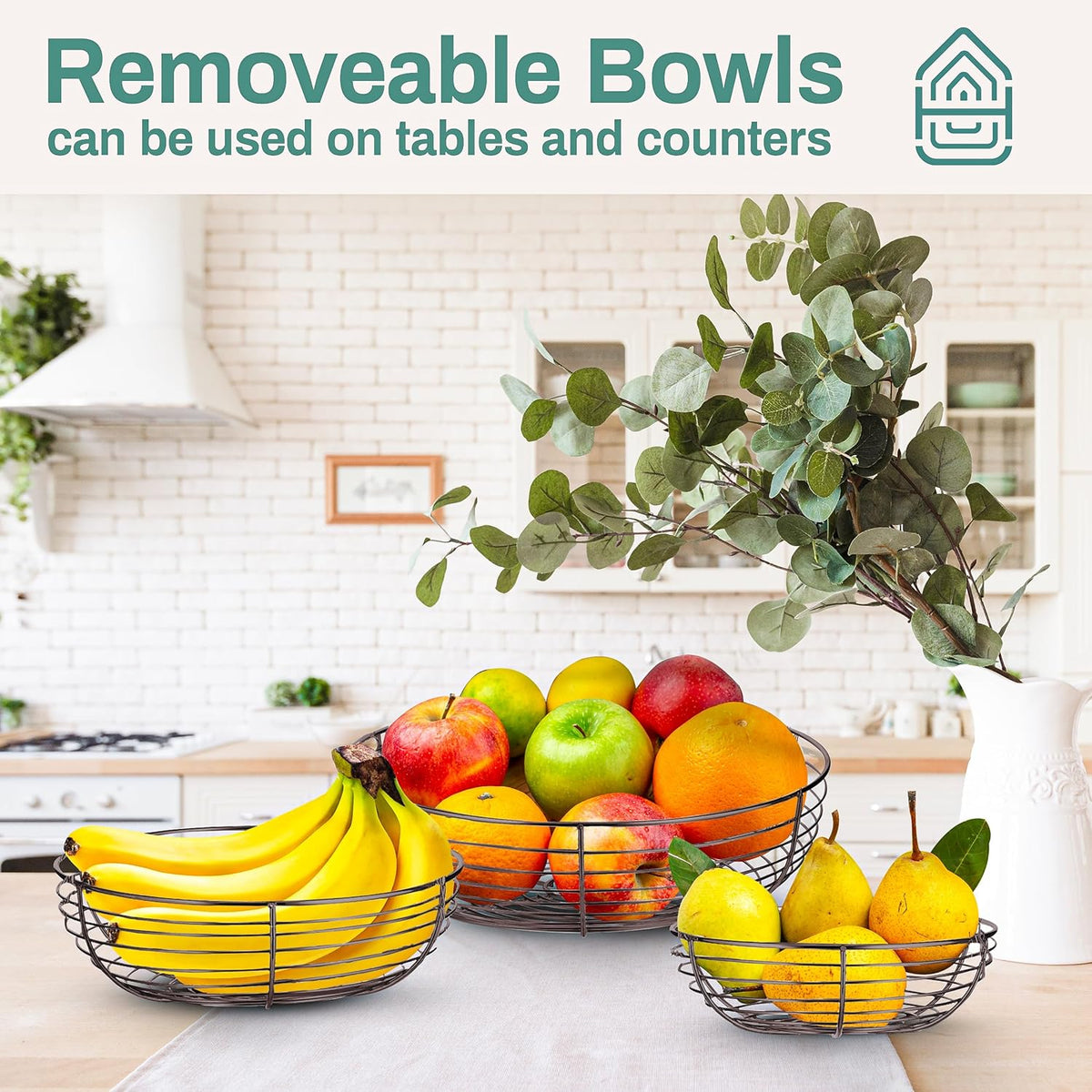 Home Intuition 3-Tier Hanging Fruit Produce Basket Heavy Duty Wire with 2 Metal Ceiling Hooks