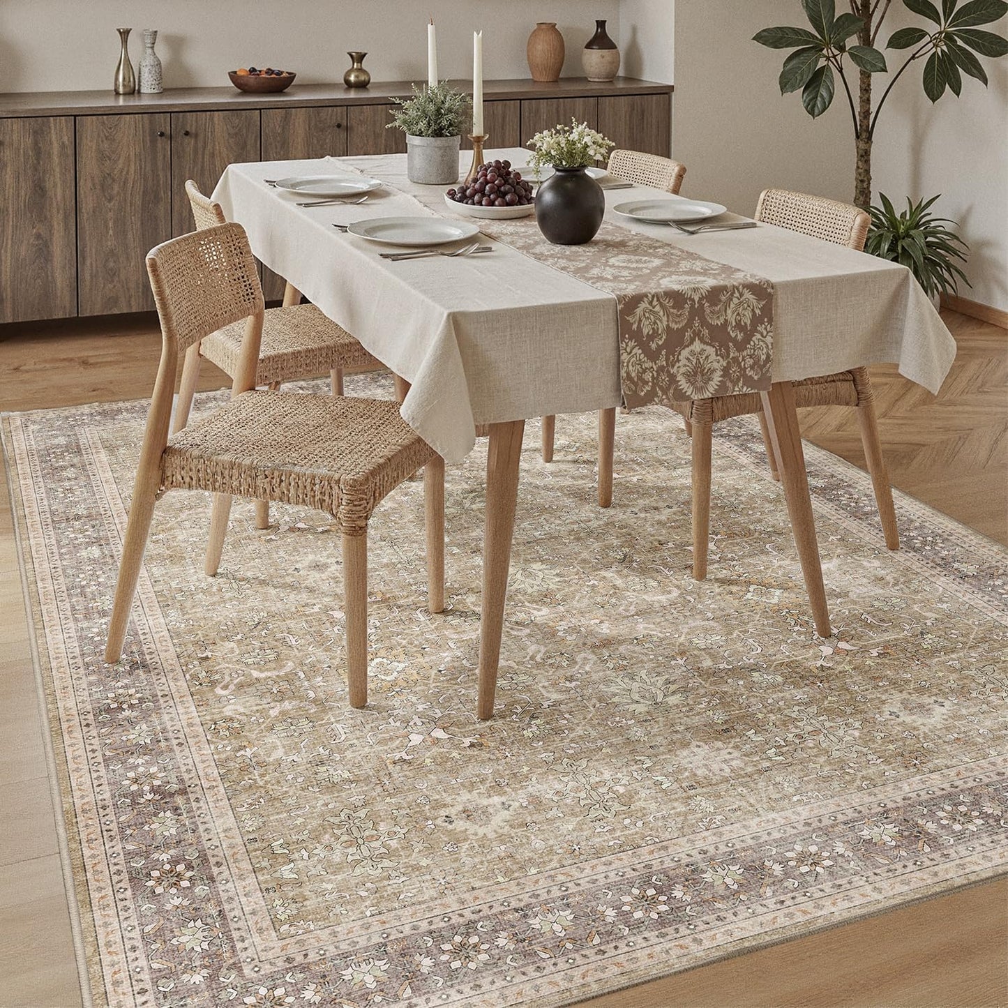 DCX Machine Washable Brown and Beige Area Rug 5x7, Non Slip Stain Resistant Vintage Rug for Living