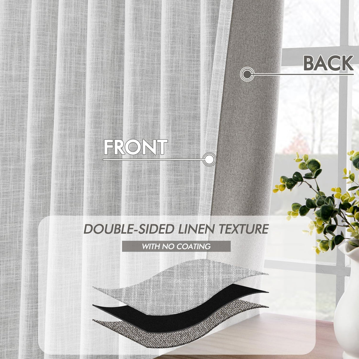 MIULEE Greyish White 100% Blackout Linen Curtains 102 Inch 2 Panels Set Double Sided No Coating