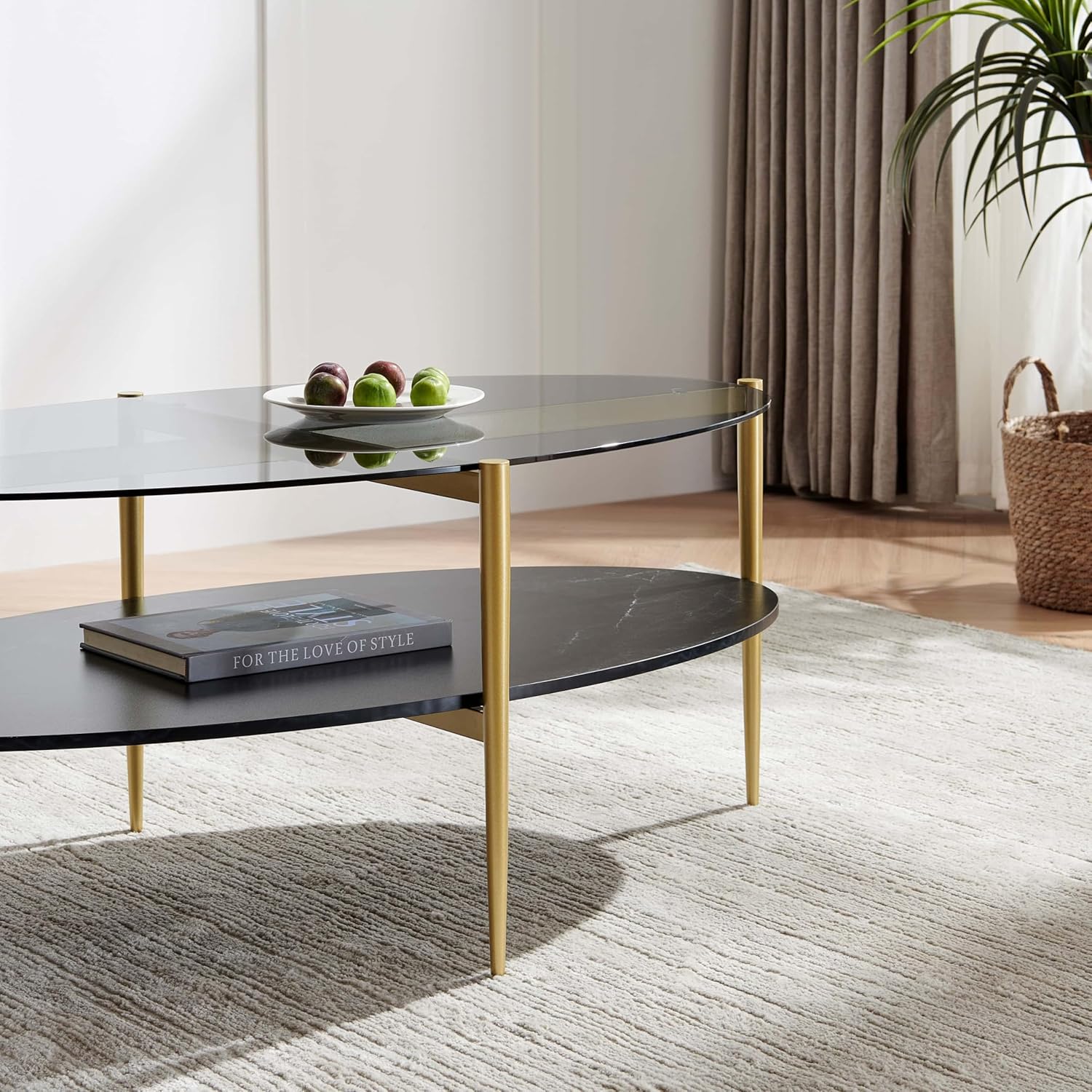 Oval Glass Coffee Table, Mid-Century Modern Design, L43 x W22 x H17 inch, Surfboard Shaped Grey