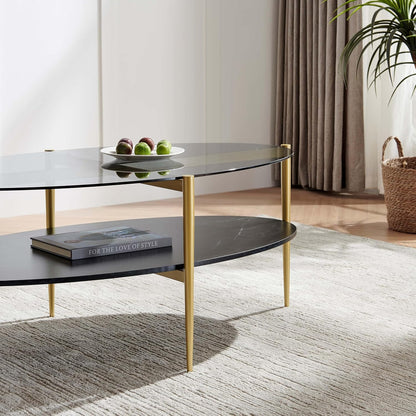 Oval Glass Coffee Table, Mid-Century Modern Design, L43 x W22 x H17 inch, Surfboard Shaped Grey