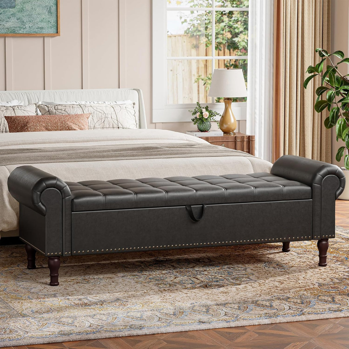 60" Storage Ottoman Bench for Bedroom, Full Queen Storage Bench with Button, Upholstered Bedroom