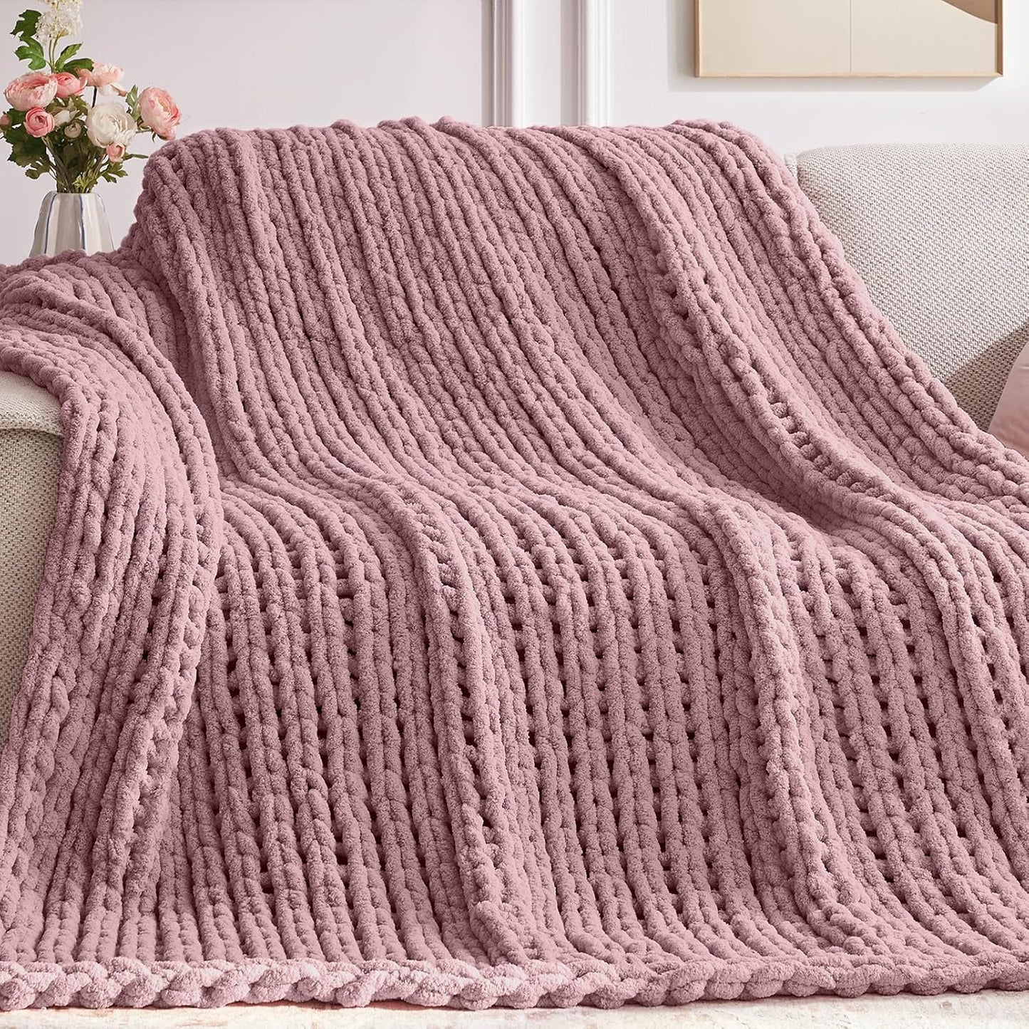 Chunky Knit Throw Blanket, 30''*40'' Knitted Throw Chenille Yarn for Bed Couch, Handmade Muted Pink