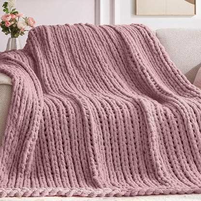 Chunky Knit Throw Blanket, 30''*40'' Knitted Throw Chenille Yarn for Bed Couch, Handmade Muted Pink