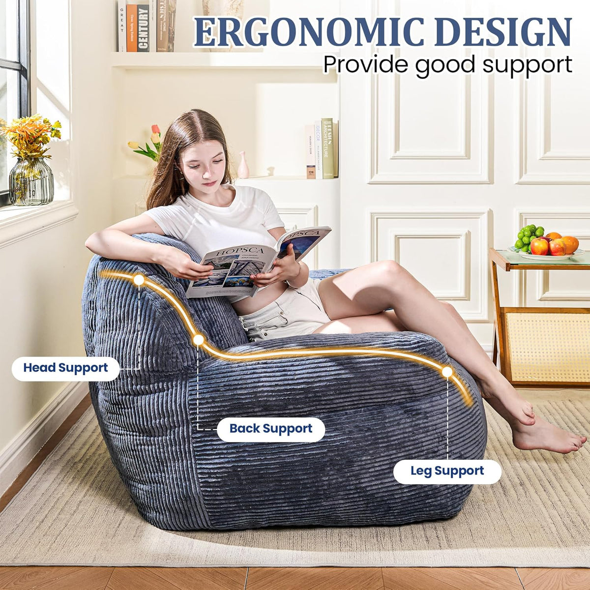 Giant Bean Bag Chair, Faux Fur Bean Bag Chair for Adults, Fluffy and Comfy Bean Bags with Filler