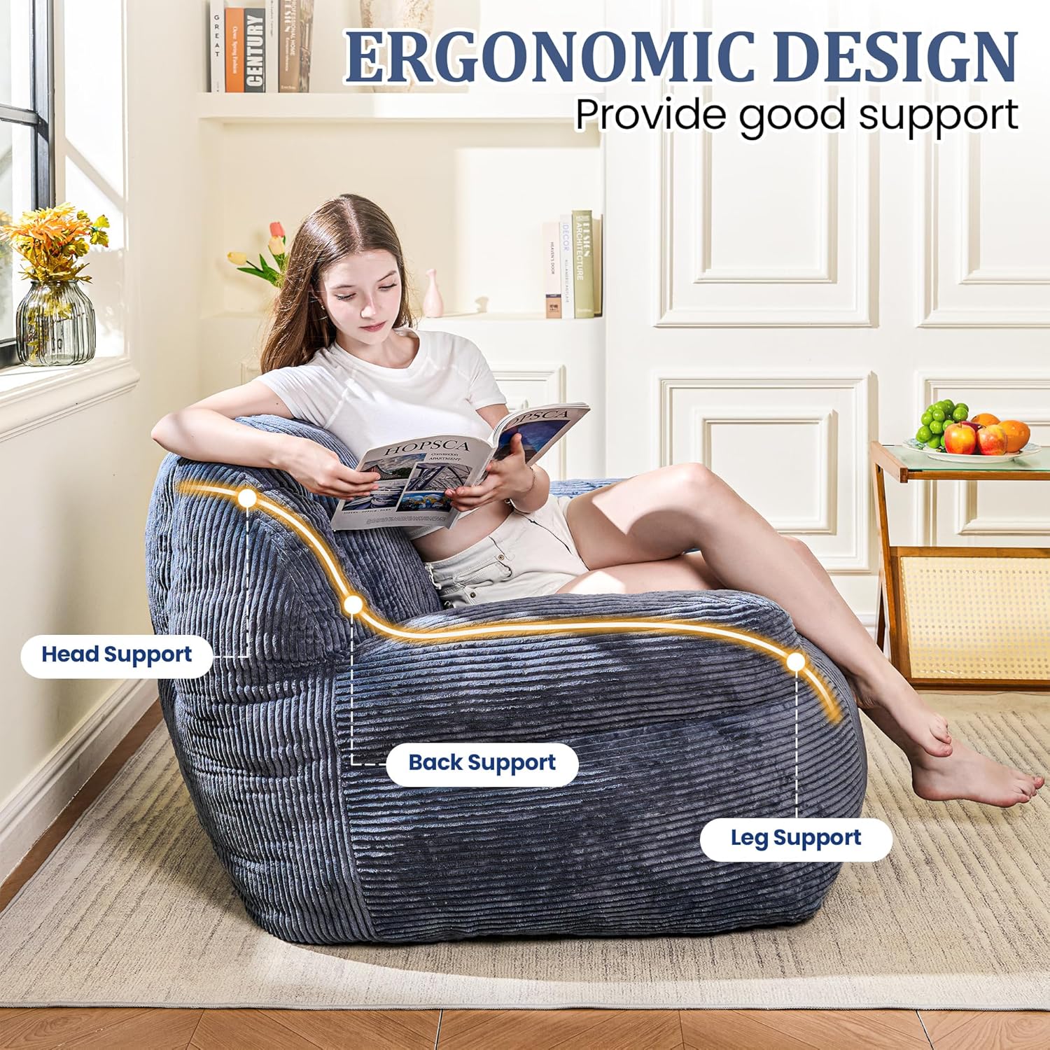 Giant Bean Bag Chair, Faux Fur Bean Bag Chair for Adults, Fluffy and Comfy Bean Bags with Filler
