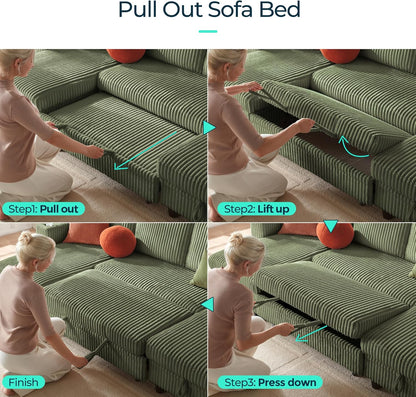 LINSY HOME Sectional Sleeper Sofa with Pull Out Couch Bed - Convertible Plush Corduroy Cloud Couch