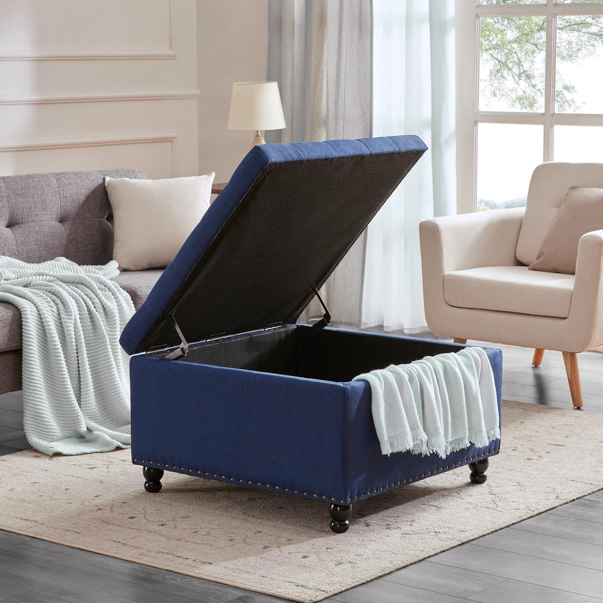 Tbfit Large Square Storage Ottoman Bench, Botton Tufted Upholstered Coffee Table Ottoman with Solid