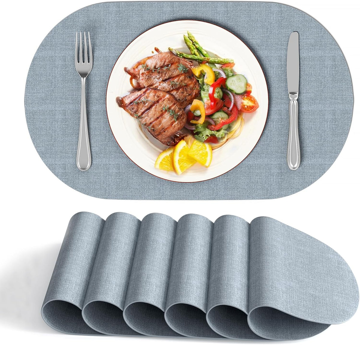 DOLOPL Large Placemats Set of 6, Oval Reversible Wipeable & Non-Slip Place Mats, Modern Faux