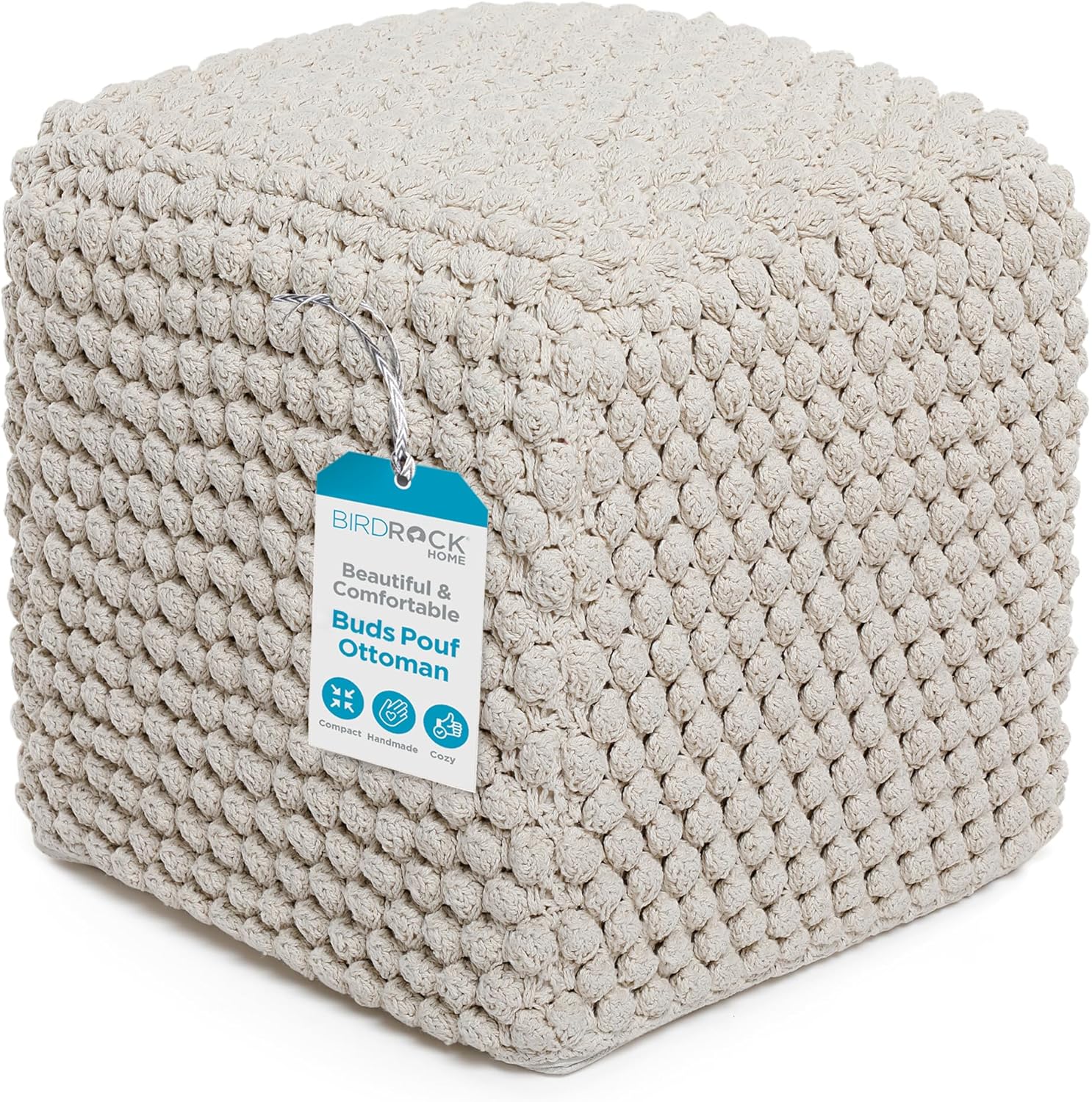 BIRDROCK HOME Bud Pouf Foot Stool Ottoman - Knit Bean Bag Floor Chair - Cotton Braided Cord - Great