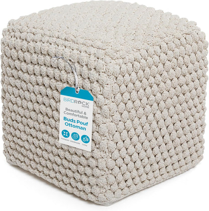 BIRDROCK HOME Bud Pouf Foot Stool Ottoman - Knit Bean Bag Floor Chair - Cotton Braided Cord - Great