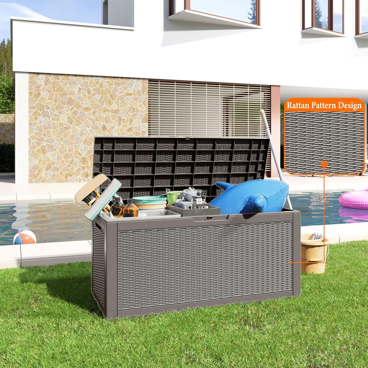 100 Gallon Resin Deck Box, Lockable Patio Outdoor Storage Box for Furniture, Garden Tools and Tools