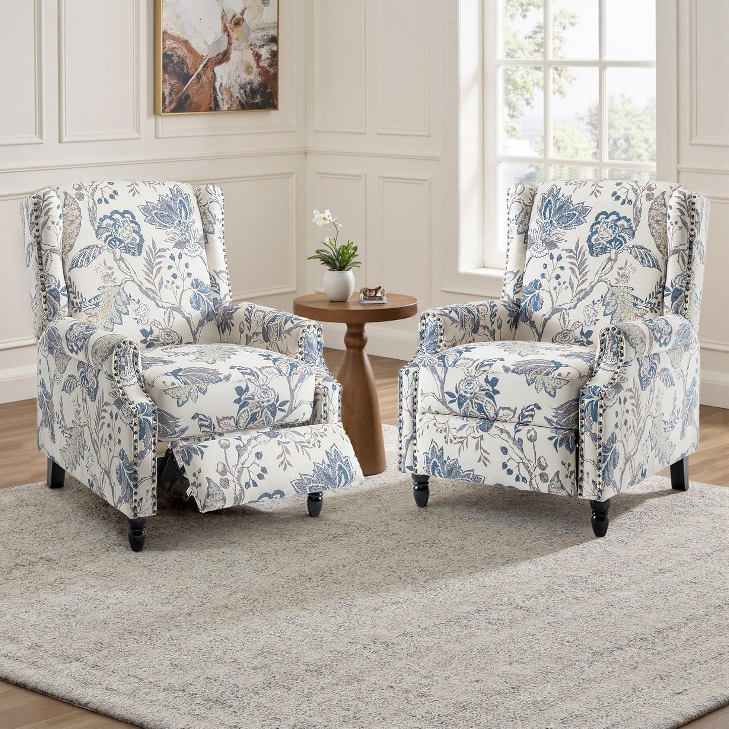 UIXE Floral Pushback Recliner Chairs Set of 2, Fabric Upholstered Armchair Push Back Accent Chair