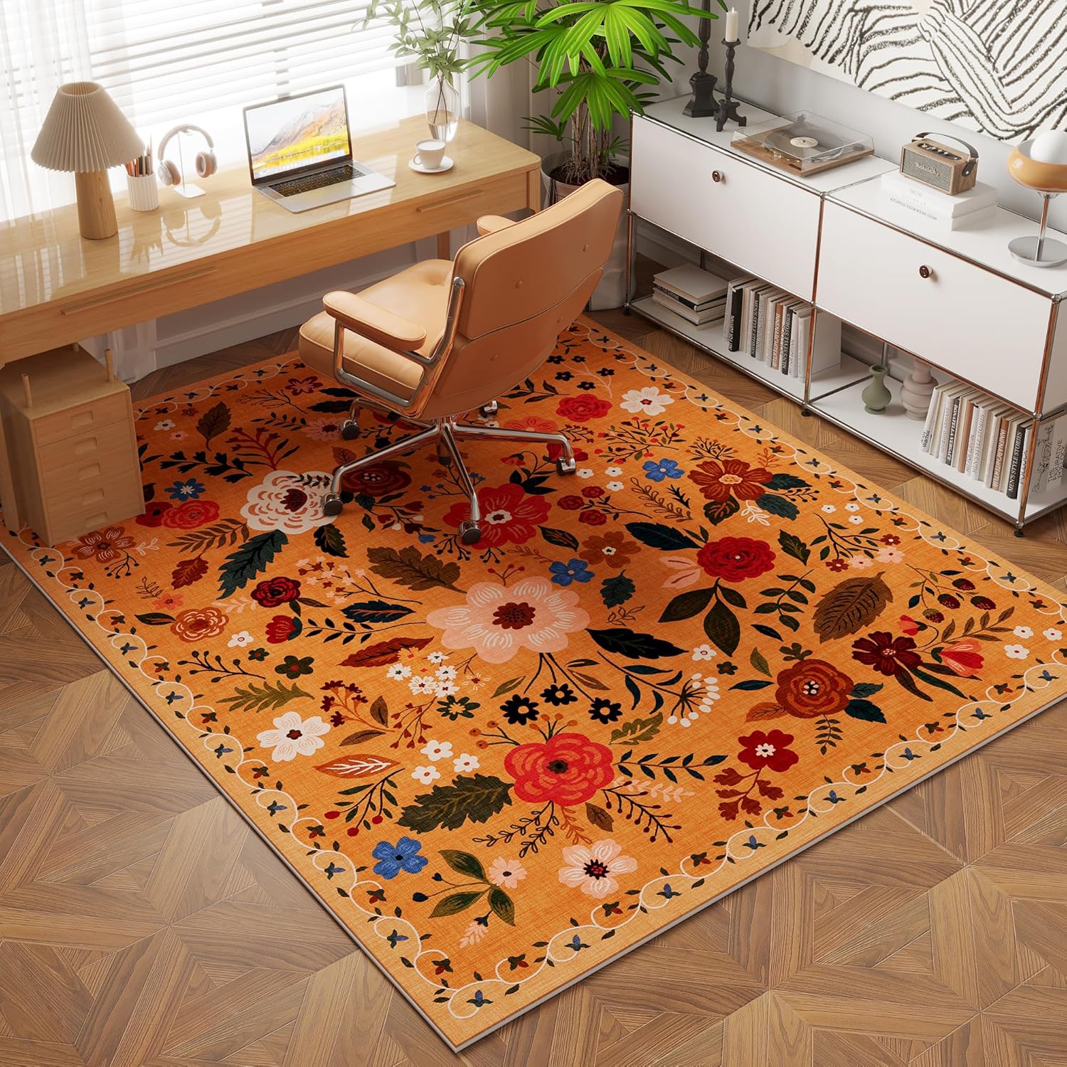 Area Rug 4x6 Rug Washable Boho Rugs Non Slip Low Pile Floral Small Carpet for Bedroom, Bedside