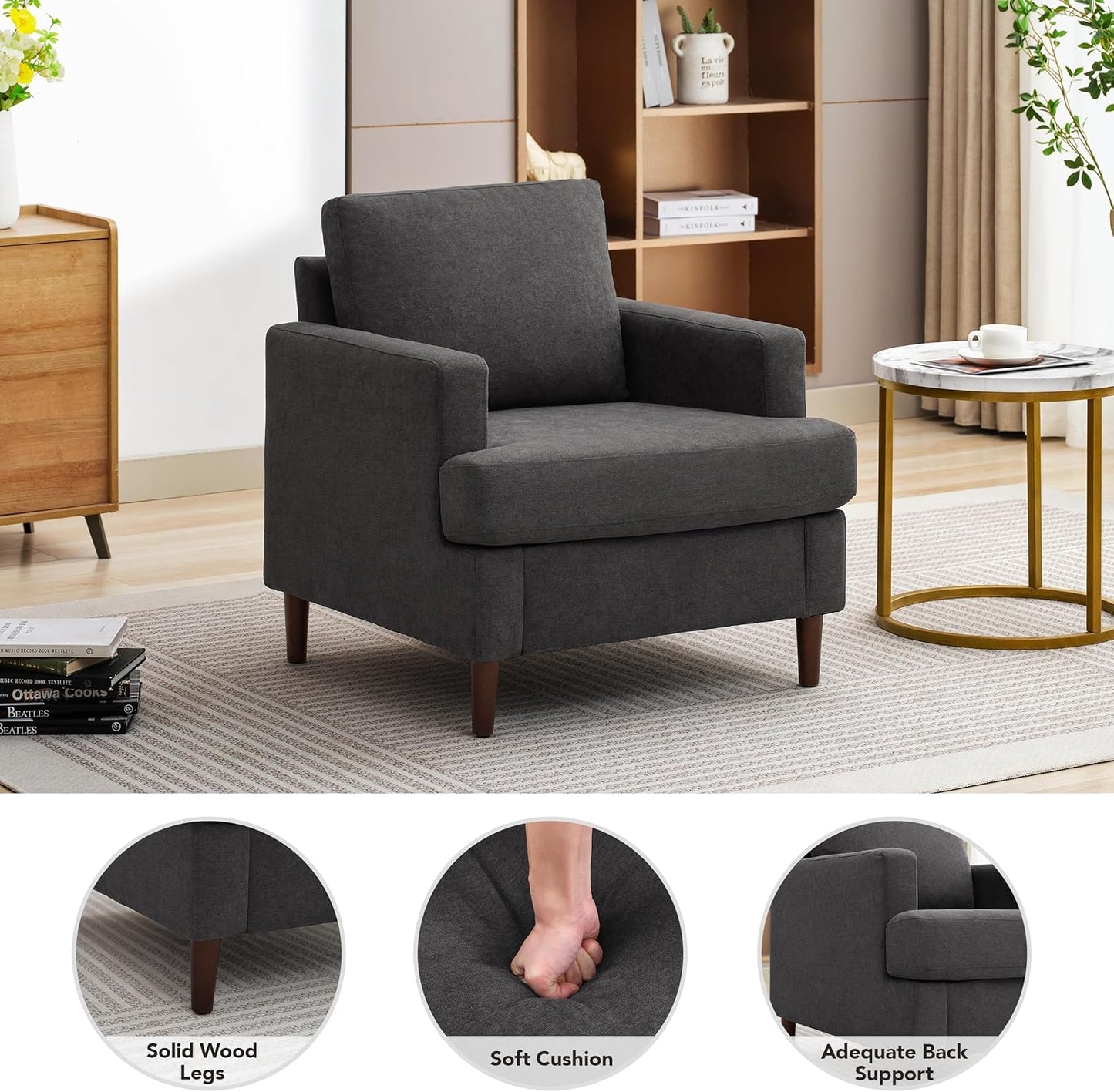 Mid-Century Accent Chair,Modern Linen Fabric Armchair for Living Room,Comfy Upholstered Reading
