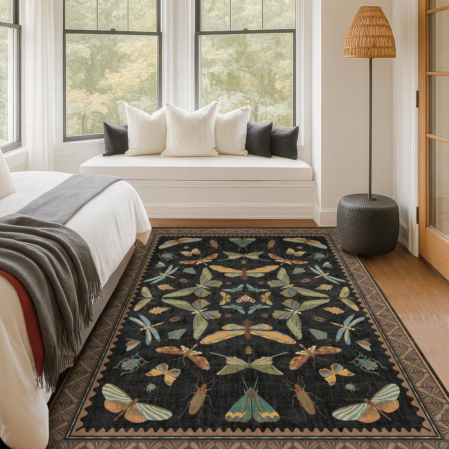 5x8 Black Rug for Bedroom - Boho Large Entryway Rug for Living Room, Under Small Dining Table, Dark