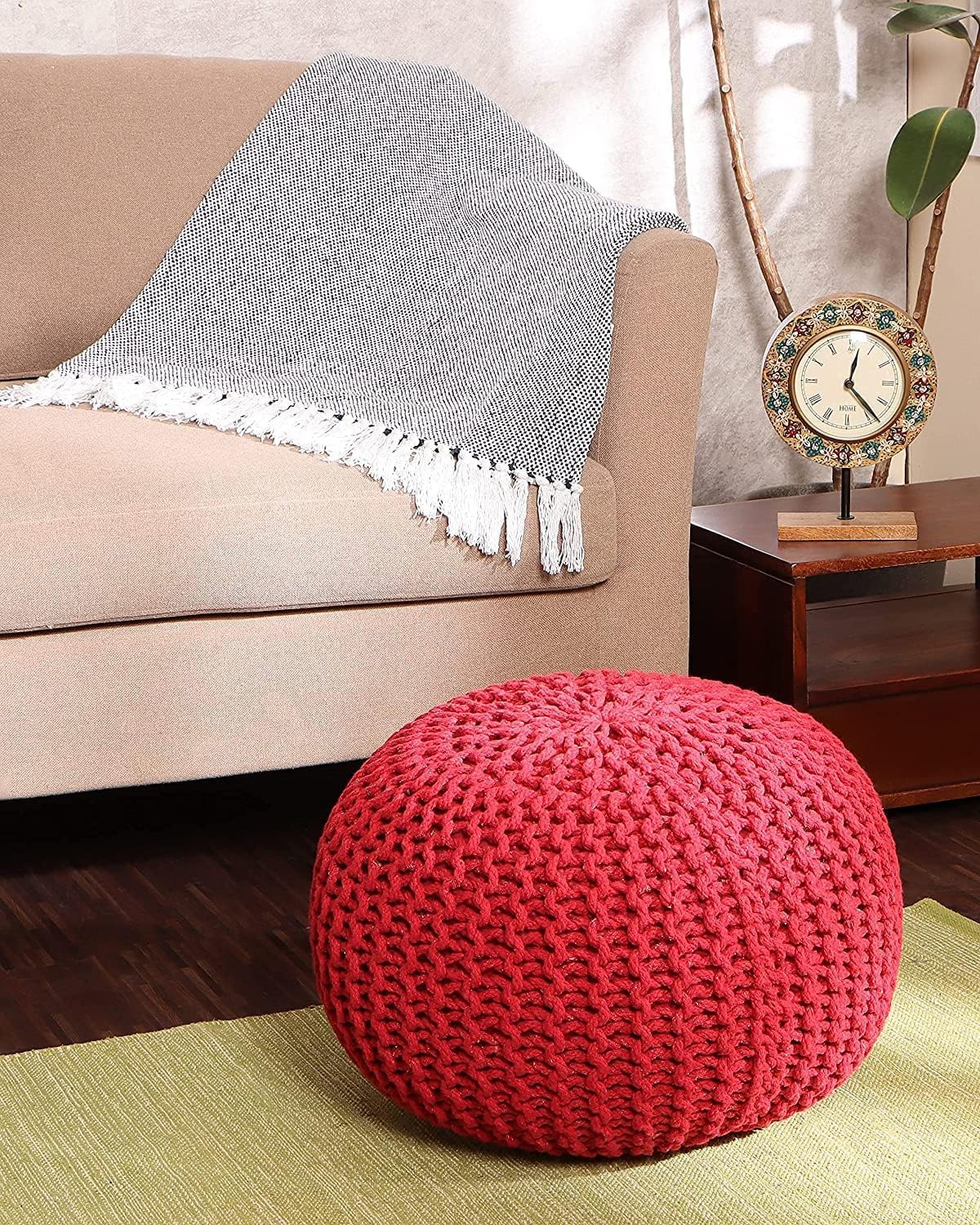 REDEARTH Round Pouf Ottoman - Hand Knitted Cable Boho Poof - Foot Stool Bean Bag - Home Décor