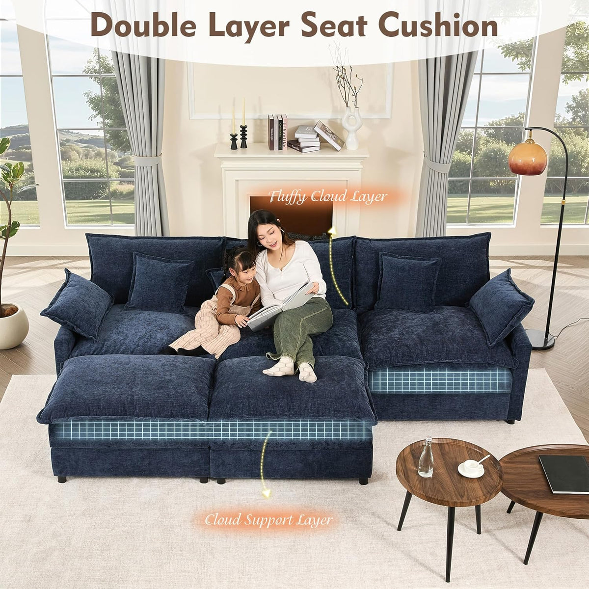 108" U Shaped Couch, Modular Sectional Sofa, 3-Seater Comfy Cloud Couch with Movable Ottoman, Deep