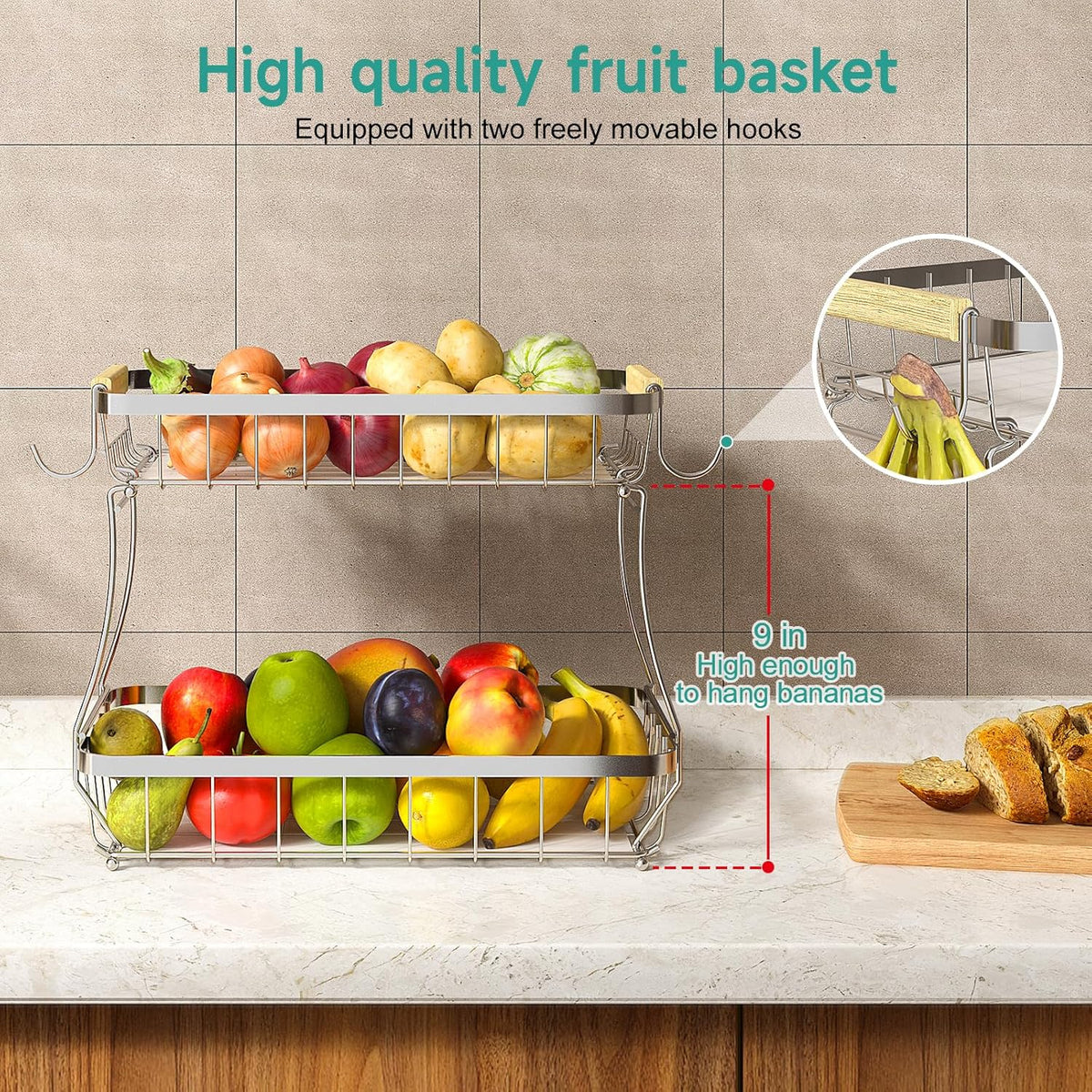 2 Tier Fruit Basket for Kitchen Counter with 2 Banana Hangers, 2025 Pro Detachable Metal Fruit Bowl