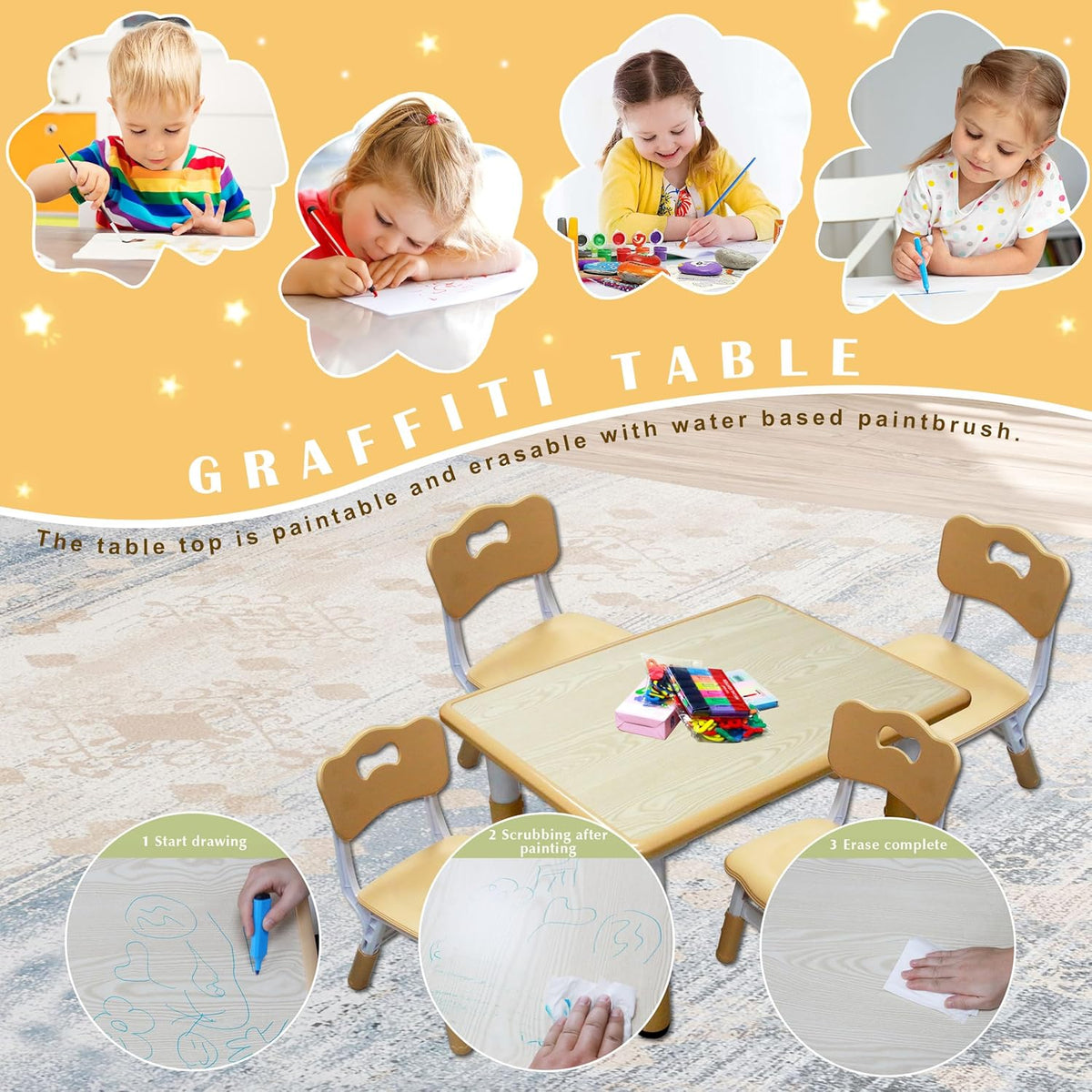 Kids Table and 4 Chairs Set with Graffiti Desktop, Toddler Furniture Set, Non-Slip, Table Children