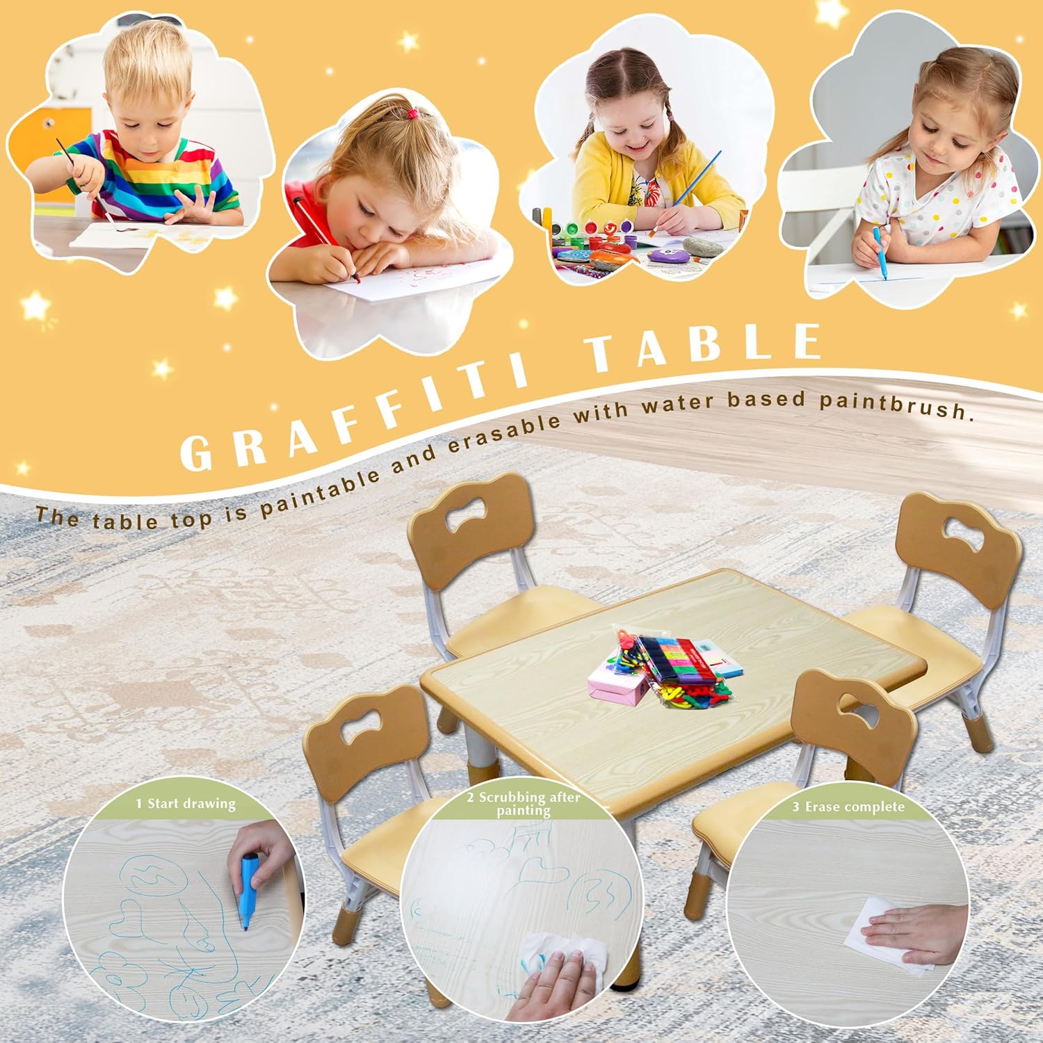 Kids Table and 4 Chairs Set with Graffiti Desktop, Toddler Furniture Set, Non-Slip, Table Children