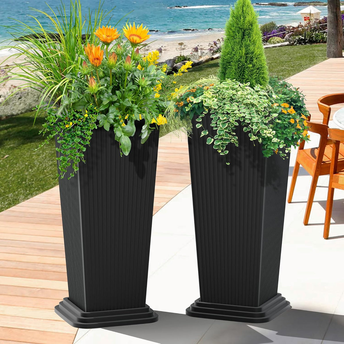 FENCY Set of 2 Tall Planters for Outdoor Plants, 24 Inch Large Tapered Pots with Drainage Trays