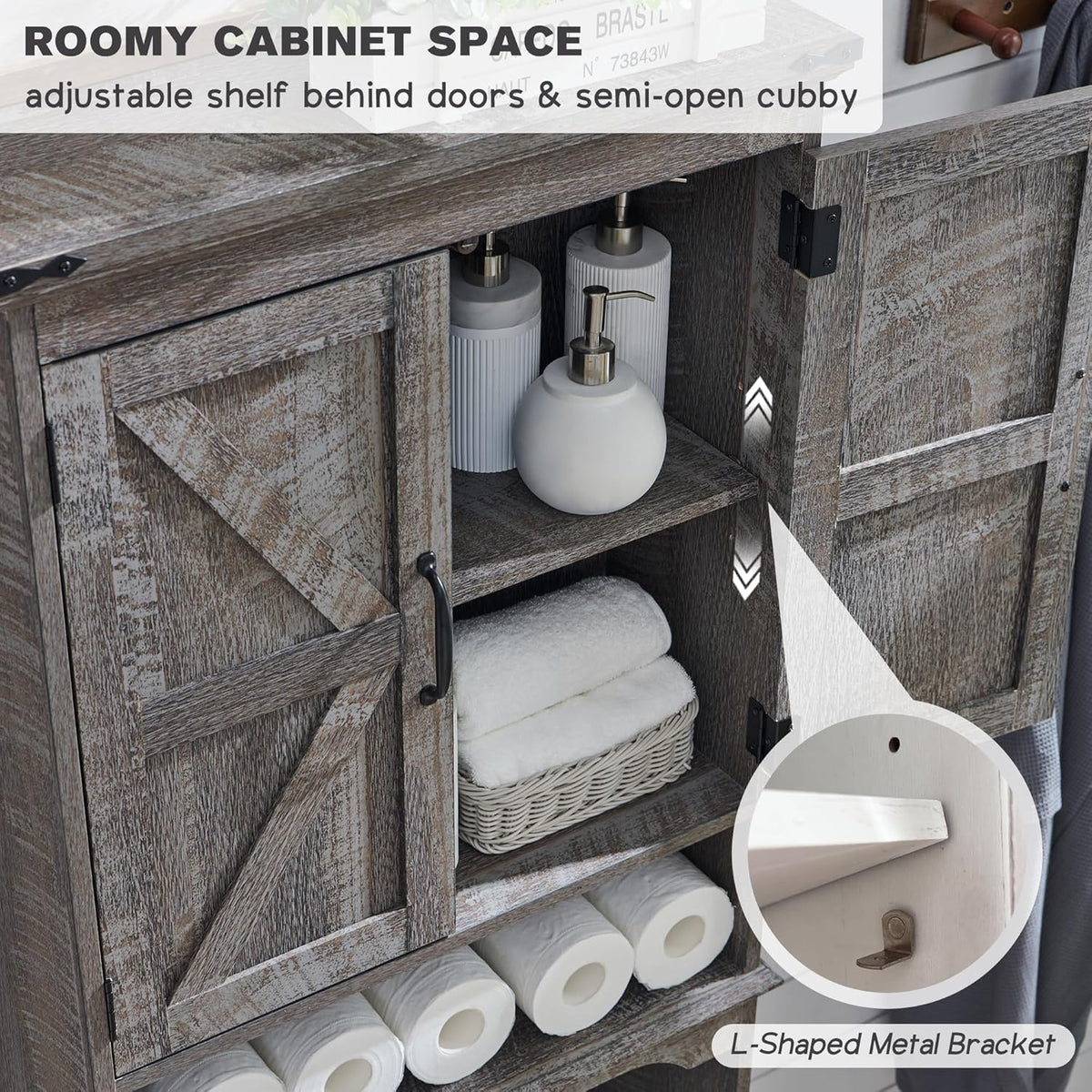 Over The Toilet Storage Cabinet, Farmhouse Bathroom Cabinet with Adjustable Shelf & Barn Door, 67"