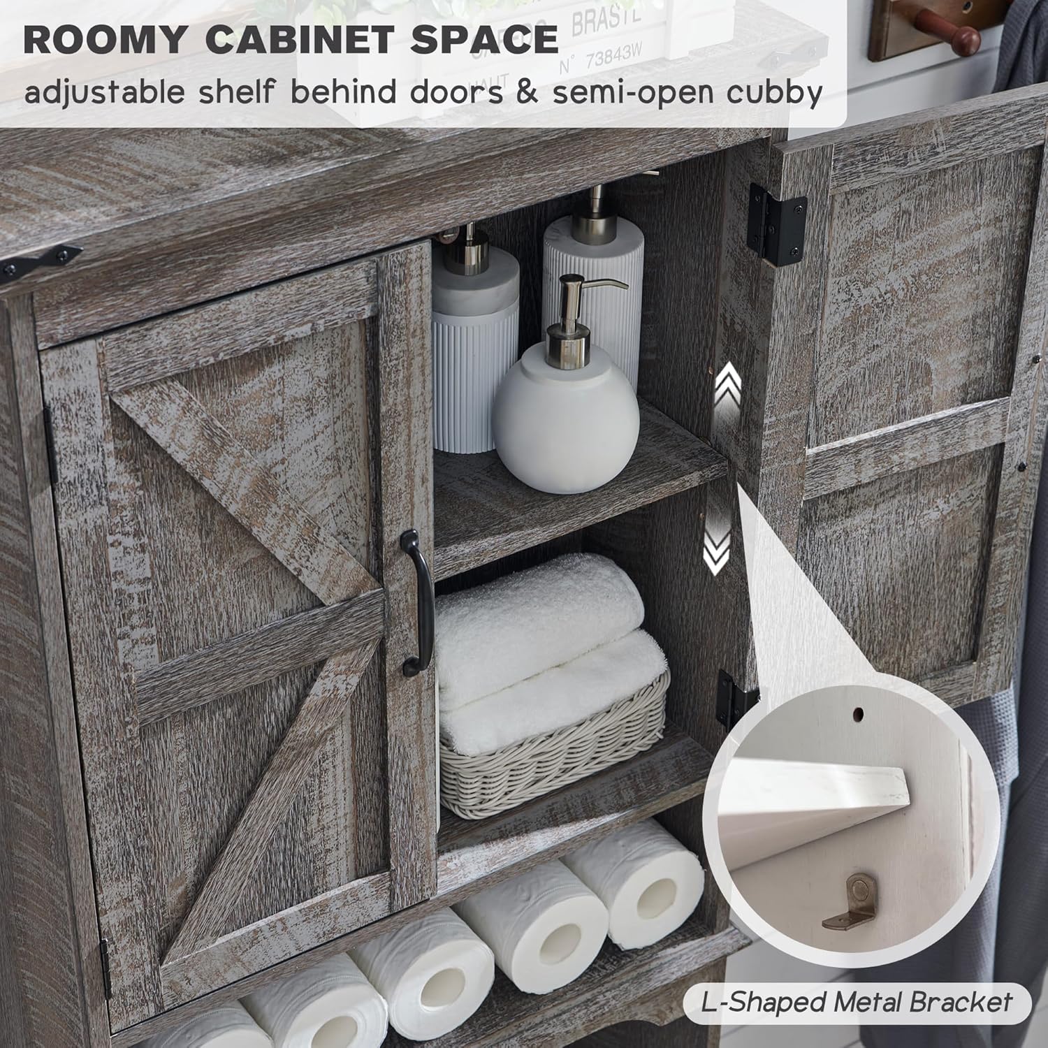 Over The Toilet Storage Cabinet, Farmhouse Bathroom Cabinet with Adjustable Shelf & Barn Door, 67"