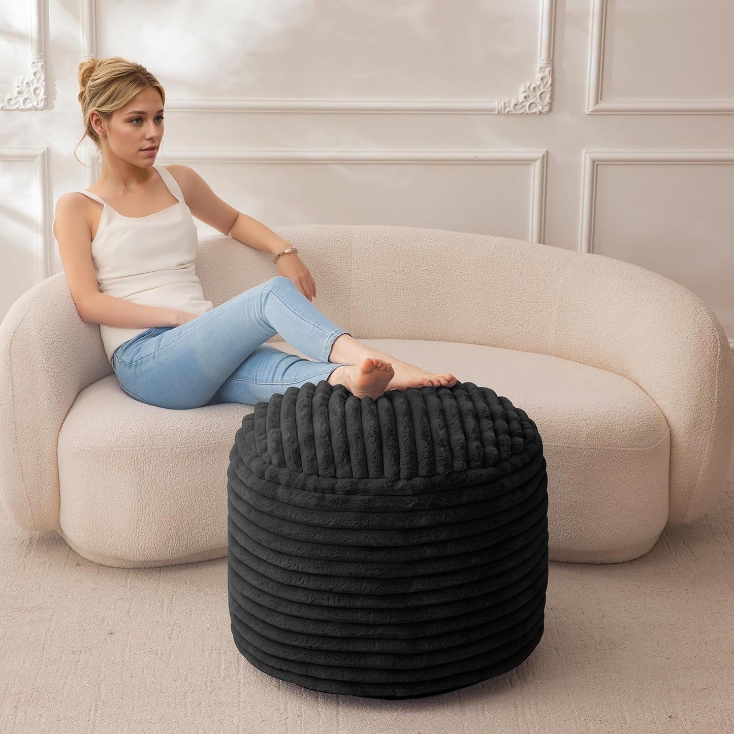HIGOGOGO Round Stuffed Pouf Ottoman, Stripe Faux Fur Poufs with Foam Chunk Filling, Furry and