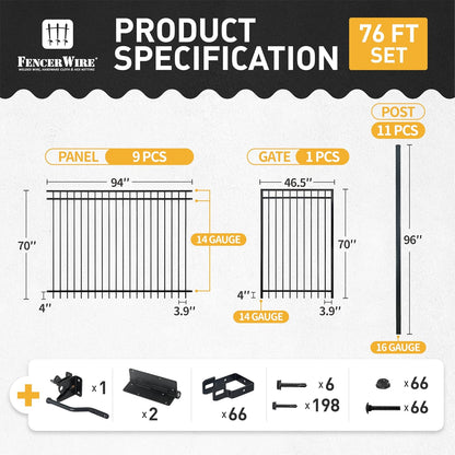 Fencer Wire 76FT Heavy Duty Flat Top Fence Barrier Kit, Anti-Rust Metal Steel Fence with 6FT Height