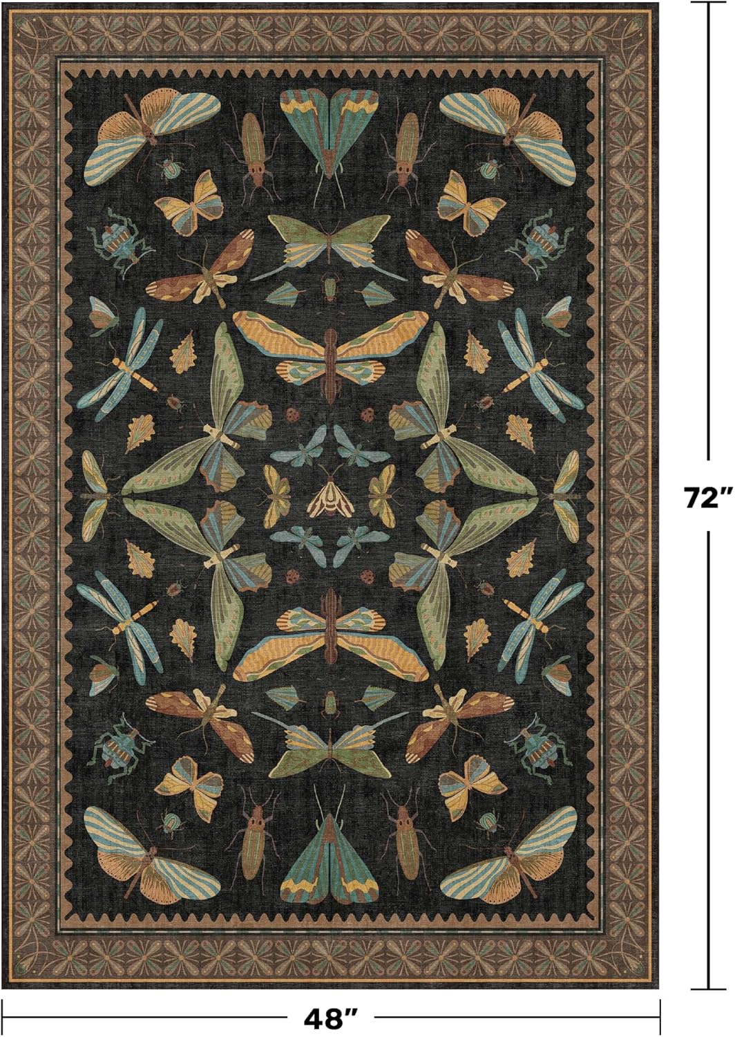 Insect Print Washable 4x6 Entryway Rug - Non-Slip Low Pile Area Rug for Large Kitchen, Bedroom