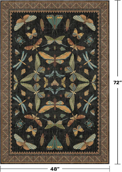 Insect Print Washable 4x6 Entryway Rug - Non-Slip Low Pile Area Rug for Large Kitchen, Bedroom