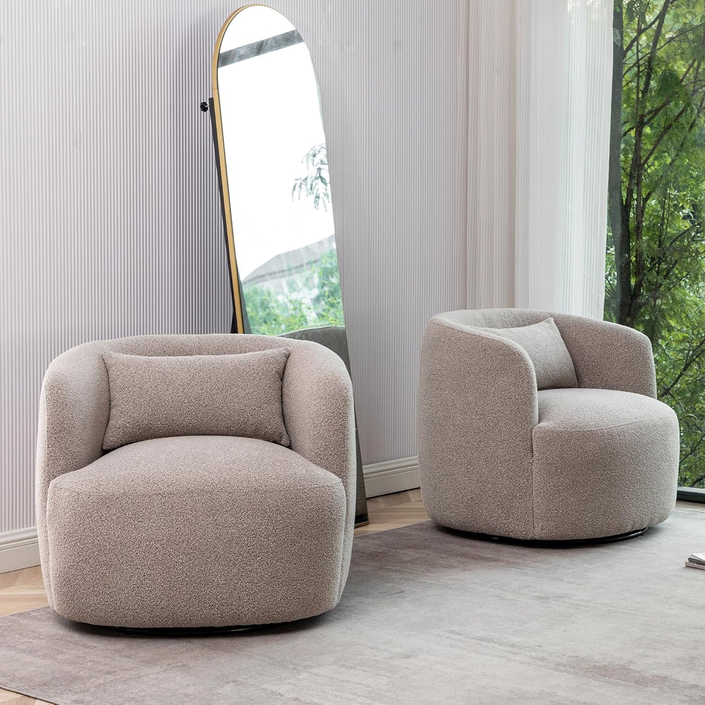 KINWELL 34" Wide Boucle Swivel Barrel Chairs Set of 2, No Assembly Round Upholstered Armchairs