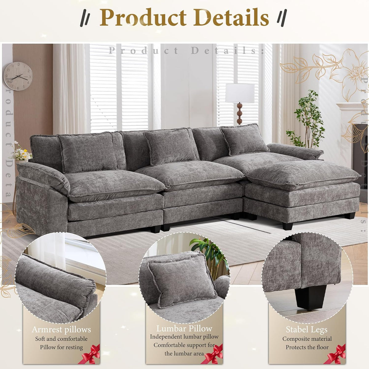 URRED Modular Sectional Sofa Comfy Cloud Couch, Modern Chenille Sofa Sleeper Deep Seat Couches with