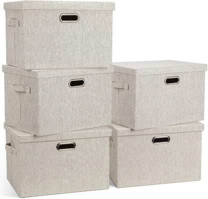 Large 17" 36 Quart Collapsible Stackable Storage Bins with Lids, 5 Packs Beige Linen Fabric Closet