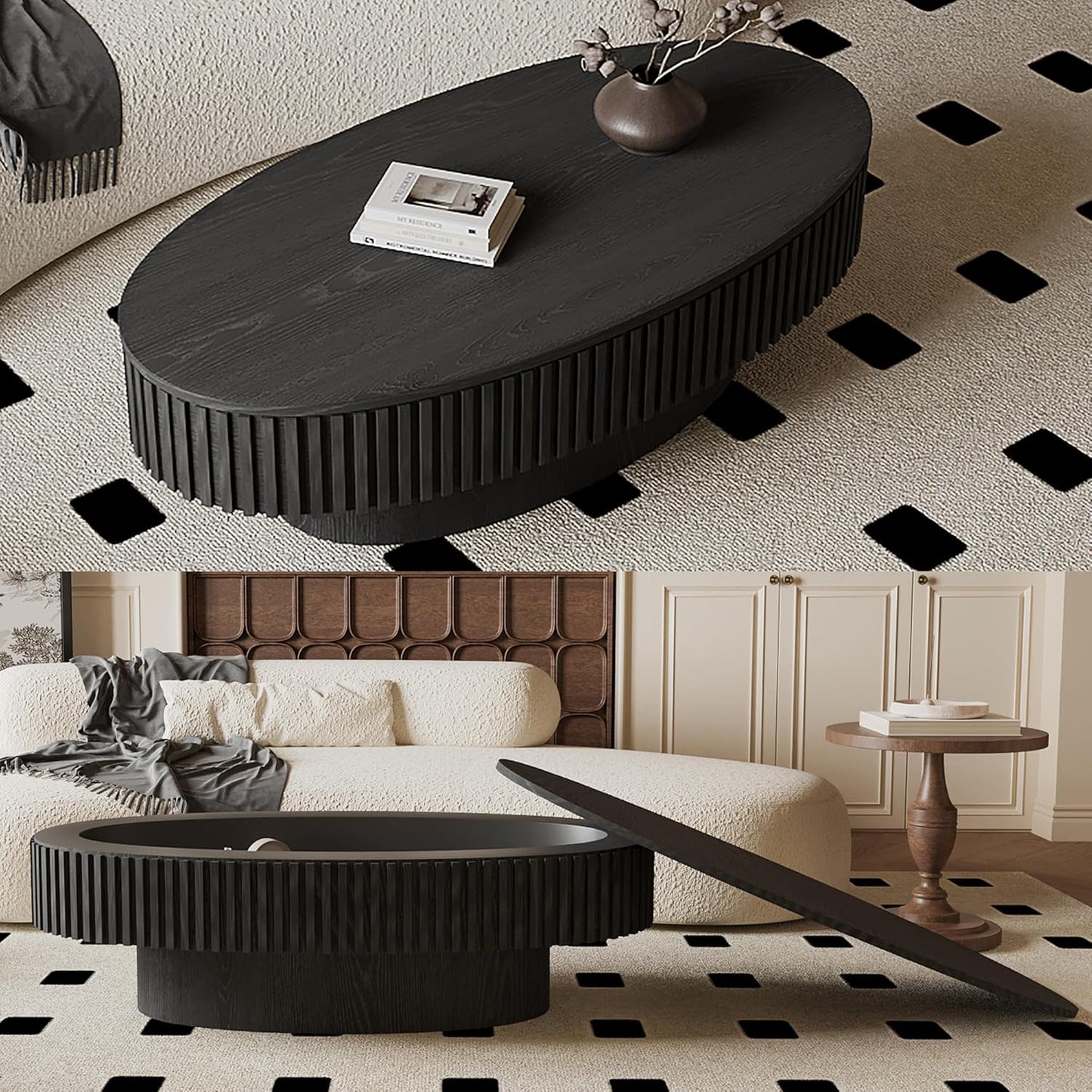 47.2''Oval Coffee Table with Storage, Mid Century Modern Fluted Drum Center Tables with Lid, Solid