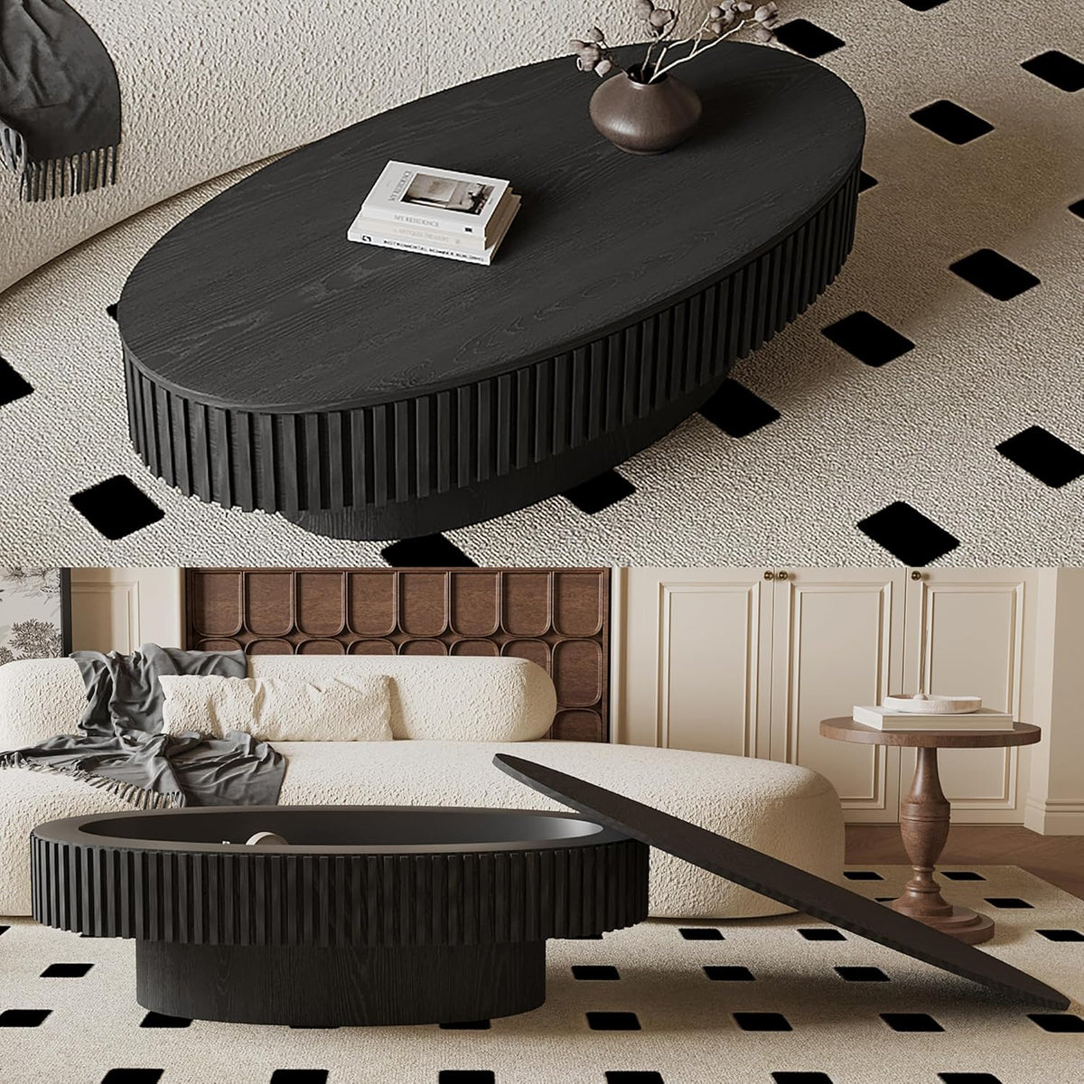 47.2''Oval Coffee Table with Storage, Mid Century Modern Fluted Drum Center Tables with Lid, Solid