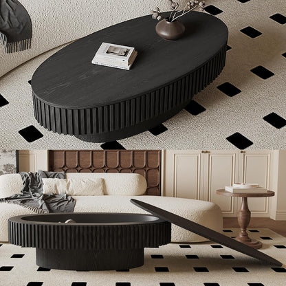 47.2''Oval Coffee Table with Storage, Mid Century Modern Fluted Drum Center Tables with Lid, Solid