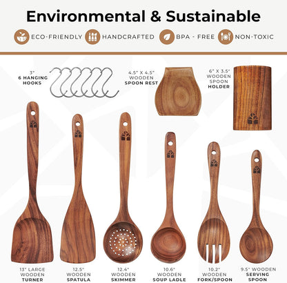 8 Pcs Teak Wooden Utensil Set with Holder, Spoon Rest & 6 Hooks - Durable Wooden Spoons for Cooking