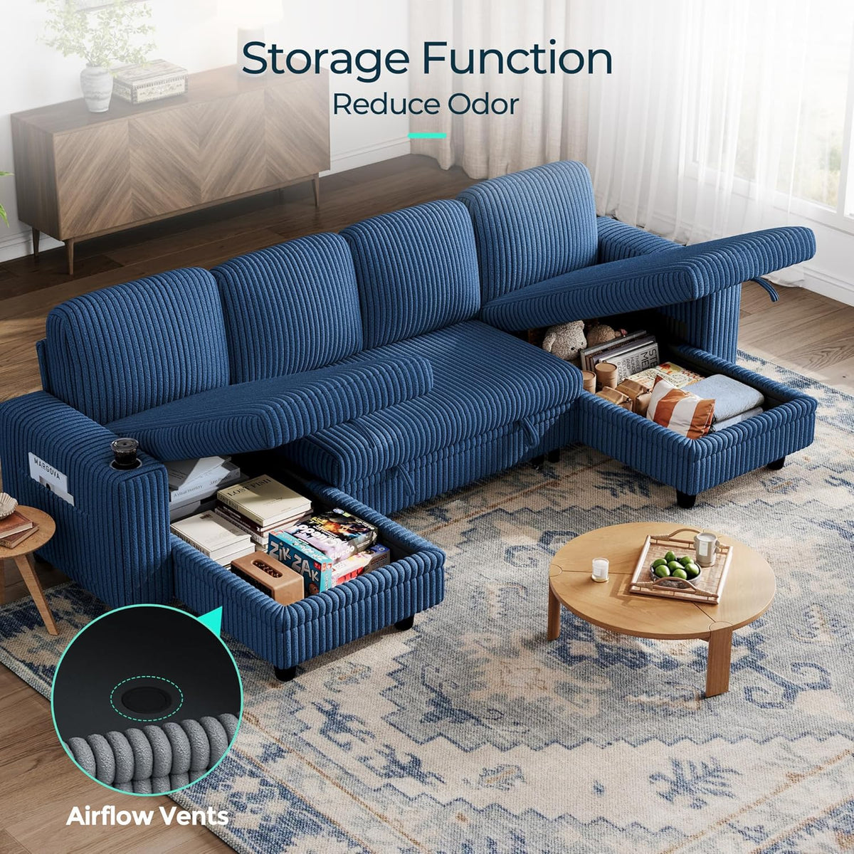 LINSY HOME Sectional Sleeper Sofa with Pull Out Couch Bed - Convertible Plush Corduroy Cloud Couch
