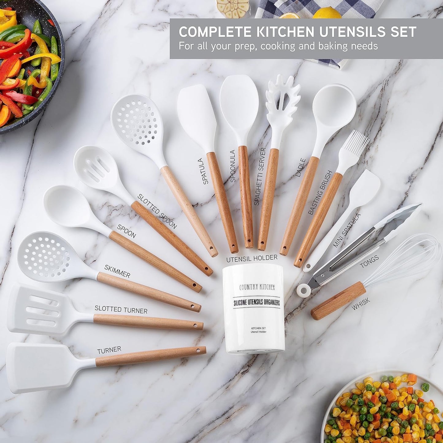 Country Kitchen Non Stick Silicone Utensil Set with Rounded Wood Handles for Cooking and Baking, 14