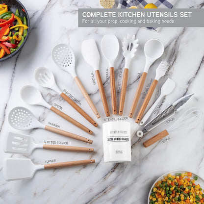 Country Kitchen Non Stick Silicone Utensil Set with Rounded Wood Handles for Cooking and Baking, 14