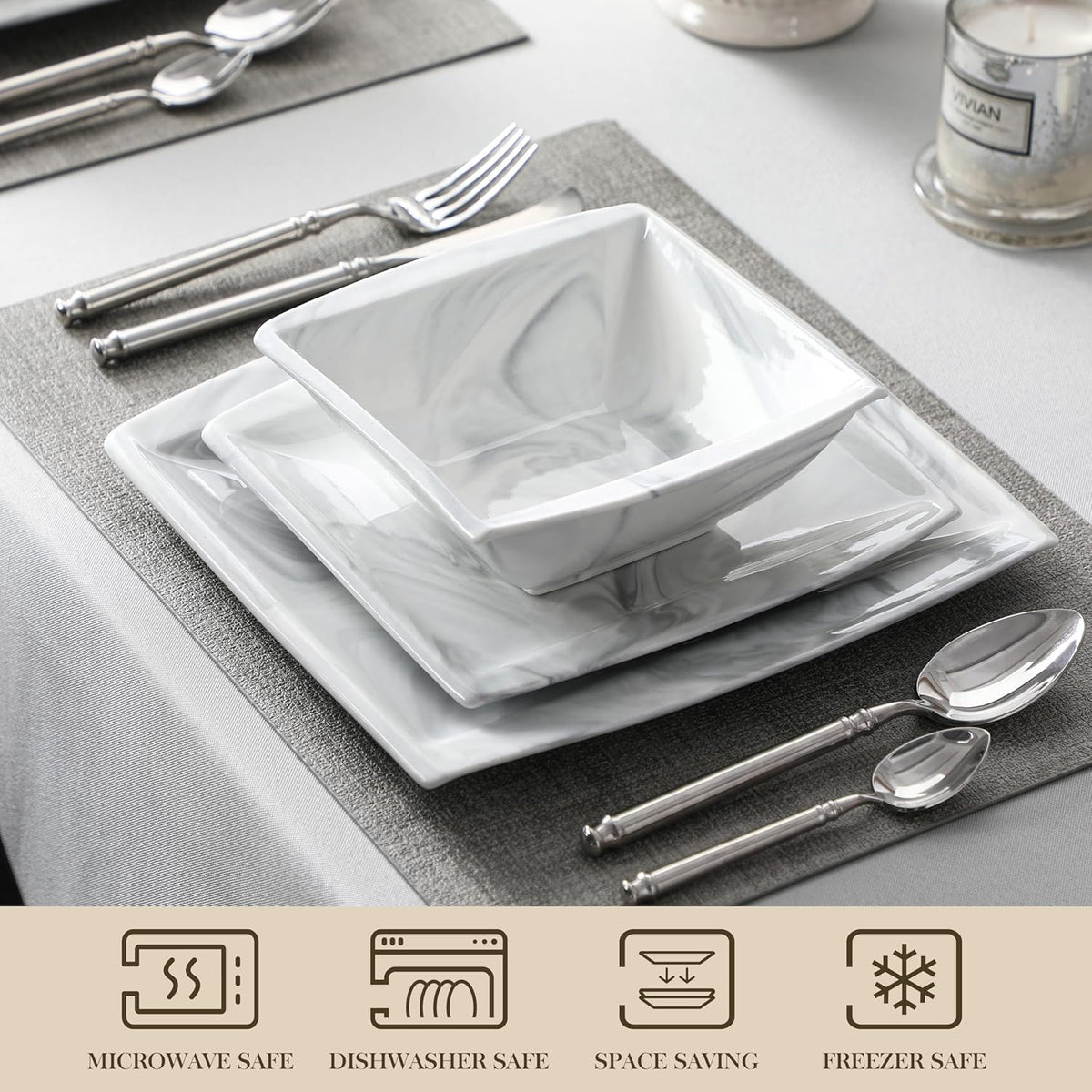 MALACASA Plates and Bowls Sets, 12-Piece Porcelain Dinnerware Sets for 4, Square Plates and Bowls