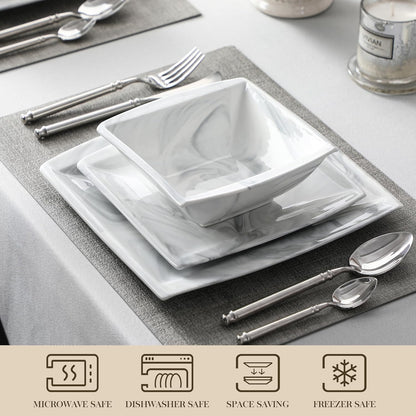 MALACASA Plates and Bowls Sets, 12-Piece Porcelain Dinnerware Sets for 4, Square Plates and Bowls